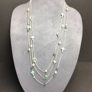 Silver Turquoise Cross Necklace Blue Stone Triple Strand Chain Clear Faceted